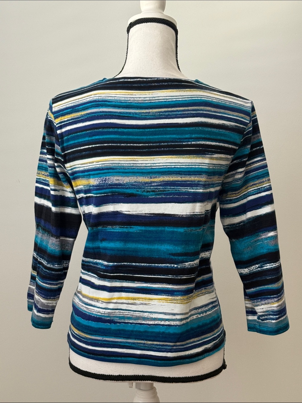 Rafaella Striped Half-Zip V-Neck Top in Teal and Navy Stripe - Picture 3 of 8